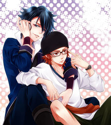  2boys bad_id bad_pixiv_id black_hair blue_eyes fushimi_saruhiko glasses hat headphones k-project multiple_boys okomochi photoshop_(medium) red_eyes red_hair shorts skateboard yata_misaki 