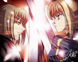  2girls ahoge armor artist_request artoria_pendragon_(fate) blonde_hair clare_(claymore) claymore_(series) excalibur_(fate/stay_night) fate/stay_night fate_(series) green_eyes hair_ribbon lips multiple_girls puffy_sleeves red_eyes ribbon saber_(fate) short_hair sword weapon yellow_eyes 