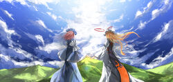  2girls arufa_(hourai-sugar) cloud commentary day english_commentary from_behind holding_hands multiple_girls photoshop_(medium) saigyouji_yuyuko sky touhou yakumo_yukari 