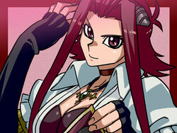  4:3 approximated_aspect_ratio aruni breasts card cleavage corset female gloves izayoi_aki red_eyes red_hair smile yu-gi-oh! yuu-gi-ou_(card) yuu-gi-ou_5d&#039;s 