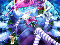  blue_hair bow chains commentary_request crossed_legs facepaint female frills gloves green_eyes head_rest heterochromia long_hair original pantyhose red_eyes rinko_(mg54) sitting skull solo striped_clothes striped_pantyhose 