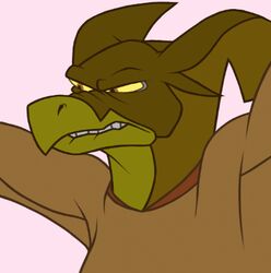  2017 alien anthro clothing don_bluth female green_body green_skin low_res mantrin raised_arm reaction_image sarcolopter scalie solo stith teeth titan_a.e. yellow_eyes 