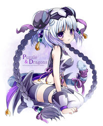  bare_shoulders bat_wings blush braid cat_hair_ornament commentary_request copyright_name double_bun female hair_bun hair_ornament haku_(p&amp;d) long_hair low_wings multicolored_hair navel photoshop_(medium) purple_eyes purple_hair purple_ribbon puzzle_&amp;_dragons ribbon shorts solo tail tail_ornament tail_ribbon takoyaki_kenken tiger_tail twin_braids two-tone_hair very_long_hair white_hair wings 