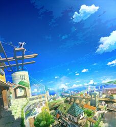  arch bird chimney cityscape cloud commentary_request day dutch_angle fantasy female grass hat highres horizon landscape ocean original outdoors paper_airplane scenery shade sitting sky smoke solo sunlight town tree witch_hat yatsude 