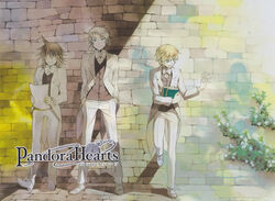  3boys absurdres blonde_hair blue_eyes book bow bowtie brown_hair copyright_name elliot_nightray formal glasses grey_hair highres leo_(pandora_hearts) male_focus mochizuki_jun multiple_boys official_art oz_vessalius pandora_hearts photoshop_(medium) short_hair smile suit traditional_bowtie vest wall 