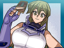  4:3 approximated_aspect_ratio aruni blonde_hair brown_eyes bust card elbow_gloves female female gloves holding holding_card obelisk_blue obelisk_blue_uniform school_uniform skirt smile tenjouin_asuka uniform upper_body yu-gi-oh! yuu-gi-ou_(card) yuu-gi-ou_gx 