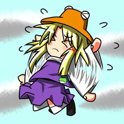  &gt;_&lt; blonde_hair chibi closed_eyes cloud female hat moriya_suwako r-18_jii sky solo touhou waving 