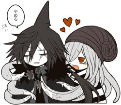  1boy androgynous bad_link black_eyes black_hair blush funamusea funamusea_(artist) heart hug hug_from_behind old_(funamusea) oounabara_to_wadanohara red_eyes scar sheep_(funamusea) slime_(substance) tentacle_hair translated 