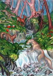  2013 ambiguous_gender amphibian arthropod avian bird canid canine canis centipede colored colored_pencil_(artwork) creek deer detailed detailed_background female feral fern frog fungus group hi_res hooves horsetail hunting kekpafrany mammal mushroom myriapod plant roe_(disambiguation) traditional_media_(artwork) tree water wolf wood 