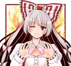  4-fingers_heart_hands bad_id bad_pixiv_id bow dress_shirt female fujiwara_no_mokou hairbow heart heart_hands heart_in_heart_hands highres mizuki_miyu one_eye_closed red_eyes shirt solo suspenders touhou upper_body white_hair 