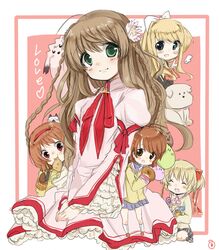  5girls :3 :d air_(visual_novel) blonde_hair blush_stickers botan_(clannad) canine chibi-moth clannad commentary_request company_connection crossover dango_daikazoku feline food furukawa_nagisa hikarizaka_private_high_school_uniform kamikita_komari kamio_misuzu kanbe_kotori kanon kazamatsuri_institute_high_school_uniform key_(company) little_busters! little_busters!_school_uniform multiple_girls natsu_(norari_kurari) open_mouth piro potato_(air) rewrite school_uniform smile taiyaki tsukimiya_ayu wagashi 