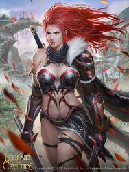  bandage breasts cape chrisnfy85 cleavage copyright_name female fur_trim gloves grass highres legend_of_the_cryptids lipstick long_hair makeup official_art petals red_hair river rock sky solo sword teeth weapon 