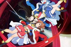  2girls aijou_karen belt black_footwear black_hair blue_eyes boots brown_eyes brown_hair crown eye_contact hair_ornament highres kagura_hikari key_visual long_hair long_sleeves looking_at_another mini_crown miniskirt multiple_girls official_art pelisse pleated_skirt promotional_art saber_(weapon) short_hair shoujo_kageki_revue_starlight skirt sparkle_hair_ornament sword twintails weapon 