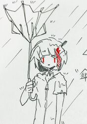  collared_shirt commentary_request eguchi_saan eguchi_saan&#039;s_red_highlight_girl greyscale highlights highres holding holding_umbrella knife knife_in_head monochrome multicolored_hair original paper_(medium) pen_(medium) photo rain red_eyes sad shirt short_hair short_sleeves solo spot_color umbrella wet zipper 