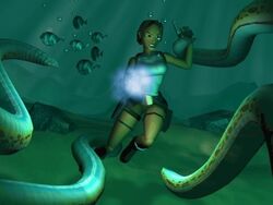  1996 4:3 angry clothed clothing female fish gun human human_focus lara_croft mammal marine not_furry not_furry_focus official_art ranged_weapon rock seabed solo tentacle tomb_raider underwater water weapon 