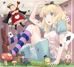  1boy 2girls :o alice_(alice_in_wonderland) alice_in_wonderland blonde_hair blue_eyes card caterpillar caterpillar_(alice_in_wonderland) chair commentary_request cramped crossed_arms crossed_legs crown drinking giant giantess grass hair_ribbon hat heart kneehighs legs_up loafers long_hair mad_hatter_(alice_in_wonderland) multiple_girls mushroom open_mouth playing_card pocket_watch puffy_short_sleeves puffy_sleeves rabbit ribbon shoes short_sleeves sitting smoking smoking_pipe socks staff striped_clothes striped_socks surprised top_hat waasa watch white_rabbit_(alice_in_wonderland) 