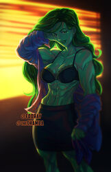  abs black_bra bra breasts cleavage female green_skin jeffrey_cruz lace-trimmed_bra marvel muscle she-hulk skirt solo toned underwear undressing 