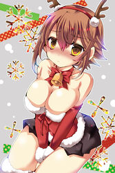  alternate_costume antlers bad_id bad_pixiv_id bare_shoulders bell black_skirt blush breasts brown_hair choker cleavage commentary_request female horns kantai_collection large_breasts looking_at_viewer mutsu_(kancolle) short_hair skirt snowflakes solo yellow_eyes yoroi_nau 