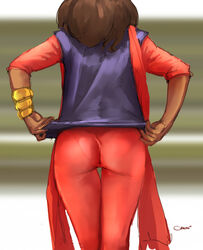  ass back bracelet brown_hair darren_geers female from_behind jewelry kamala_khan marvel ms._marvel pantylines scarf shirt_lift solo thigh_gap tight_pants 