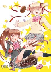  2girls :o ^_^ ^o^ ahoge blonde_hair bow brown_hair candy closed_eyes comiket_87 commentary_request cover cover_page doughnut doujin_cover food hair_ornament hair_ribbon kamikita_komari little_busters! little_busters!_school_uniform long_hair misaki_juri multiple_girls natsume_rin outstretched_arms photoshop_(medium) pink_bow plaid plaid_skirt ponytail red_eyes ribbon school_uniform short_hair skirt spread_arms star_(symbol) star_hair_ornament starry_background 