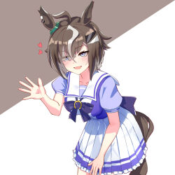  ahoge animal_ears blue_eyes blush bow bowtie breasts brown_hair collarbone commentary_request dabuman female hair_ornament hair_over_one_eye heart horse_ears horse_girl horse_tail large_breasts leaning_forward looking_at_viewer multicolored_hair open_mouth pleated_skirt puffy_short_sleeves puffy_sleeves purple_bow purple_bowtie purple_shirt rulership_(umamusume) sailor_collar sailor_shirt school_uniform shirt short_hair short_sleeves skirt smile solo streaked_hair summer_uniform tail tracen_school_uniform umamusume white_sailor_collar white_skirt 