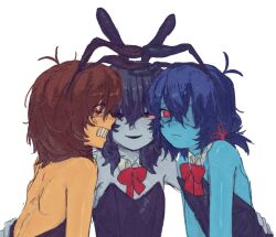  3others ambiguous_gender androgynous angry animal_ear_hairband animal_ears back backless_outfit bare_back bare_shoulders black_hair black_leotard blue_hair blue_skin blush bow bowtie brown_hair bunny_day colored_skin deltarune detached_collar expressionless fake_animal_ears grey_skin grid_teeth grin hairband hand_on_another's_back kris_(dark_world)_(deltarune) kris_(deltarune) leotard looking_at_viewer multiple_others notcutenolife open_mouth other_focus other_with_other playboy_bunny rabbit_ear_hairband rabbit_ears red_bow red_bowtie red_eyes short_hair short_twintails simple_background smile strapless strapless_leotard teeth twintails utdr_(toby_fox) vessel_(deltarune) 