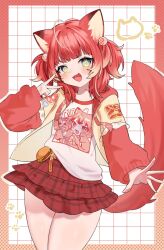  :d ahoge akami_karubi animal_ears blue_eyes blunt_bangs blush cat_ears cat_tail clothes_writing collarbone commentary_request crazy_raccoon female gradient_eyes grid_background hair_bobbles hair_ornament highres jacket long_sleeves looking_at_viewer multicolored_eyes oerba_yun_fang open_clothes open_hand open_jacket open_mouth plaid_clothes plaid_skirt pleated_skirt polka_dot polka_dot_border print_shirt red_hair red_skirt sai_saburou shirt short_hair short_twintails skin_fang skirt smile solo tail twintails v yellow_eyes 