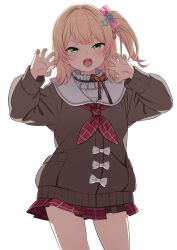  blonde_hair bow brown_cardigan cardigan claw_pose collar commentary_request cowboy_shot female frilled_collar frills gradient_hair green_eyes hair_ornament hair_ribbon half-skirt highres hololive long_hair long_sleeves looking_at_viewer miniskirt momosuzu_nene momosuzu_nene_(casual) multicolored_hair neckerchief official_alternate_costume official_alternate_hairstyle open_mouth pink_hair pink_ribbon plaid_clothes plaid_skirt pleated_skirt ponytail rainna red_neckerchief red_skirt ribbon sailor_collar side_ponytail simple_background skirt solo virtual_youtuber white_background white_sailor_collar 