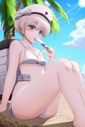 ass beach bikini bikini_skirt blonde_hair blue_sky breasts cloud commentary_request day female food hat highres holding holding_food holding_popsicle kantai_collection looking_at_viewer lowleg lowleg_bikini microskirt official_alternate_costume outdoors palm_tree popsicle rigging sailor_bikini sailor_collar sand satasashi short_hair sitting skirt sky small_breasts solo swimsuit tree white_bikini white_hat white_sailor_collar z1_leberecht_maass_(kancolle) z1_leberecht_maass_(swimsuit)_(kancolle) 