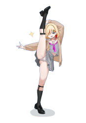  :d absurdres black_shoes black_socks blonde_hair blue_eyes brown_cardigan cardigan collarbone commentary female grey_shirt grey_skirt hair_ornament hair_over_one_eye hairclip half-closed_eyes hand_on_own_leg highres kneehighs leg_lift long_sleeves looking_at_viewer low_block_heels lower_leg_strap midriff_peek miniskirt multicolored_hair neckerchief one_eye_covered open_mouth original panties pantyshot pink_neckerchief pleated_skirt red_hair red_streaks ribbed_socks sailor_collar school_uniform serafuku sharp_teeth shenqi_xiaohuang shirt shoes short_hair simple_background skirt smile socks solo sparkle split standing standing_on_one_leg standing_split streaked_hair teeth underwear upper_teeth_only white_background white_panties white_sailor_collar zornia_(shenqi_xiaohuang) 