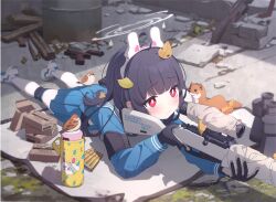  absurdres ahoge aiming ammunition animal_ears animal_print assault_rifle belt binoculars bird bird_on_ass black_gloves black_hair blue_archive blue_serafuku blue_shirt blue_skirt blunt_bangs blurry blurry_background bolt_action box camouflage clip_(weapon) fake_animal_ears female ferret full_body game_asset glock gloves gun gun_sling halo handgun hiding highres holding holding_gun holding_weapon knee_pads legs locked_slide long_hair long_sleeves looking_ahead lying m16 m16a1 miyu_(blue_archive) mosin-nagant non-web_source official_art on_stomach outdoors pantyhose pleated_skirt rabbit_ears rabbit_print red_eyes rifle rifle_cartridge rubble sailor_collar school_uniform scope self-datamine serafuku shirt shoes single_knee_pad skirt sniper_rifle solo sparrow thighband_pantyhose thighs weapon weasel white_pantyhose white_sailor_collar white_shoes yutokamizu 