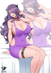  alternate_costume bare_shoulders breasts camilla_(fire_emblem) cleavage dress female fire_emblem fire_emblem_fates hair_over_one_eye highres kaos_art large_breasts long_hair looking_at_viewer open_mouth purple_dress purple_eyes purple_hair smile solo thigh_strap tiara very_long_hair wavy_hair 