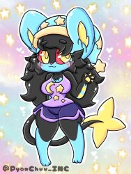  accessory anthro black_hair blue_body bottomwear breasts clothed clothing female generation_4_pokemon hair hat headgear headwear lewdchuu_(artist) luxray moon nintendo pokemon pokemon_(species) shirt shorts solo star tail topwear yellow_eyes 