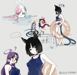  ... 4girls alternate_costume animal_ears black_eyes blonde_hair blue_archive blue_halo cat_ears cat_tail clich51368861 grey_background halo highres kanna_(blue_archive) kanna_(swimsuit)_(blue_archive) kikyou_(blue_archive) multiple_girls multiple_tails nagusa_(blue_archive) one-piece_swimsuit purple_hair red_hair renge_(blue_archive) simple_background swimsuit tail two_tails white_hair yukari_(blue_archive) 