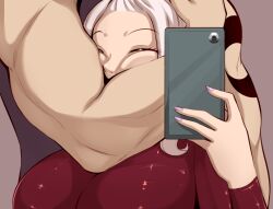  1boy arm_tattoo breasts character_name closed_eyes dress fairy_tail female flexing_around_head_(meme) highres joshdinobarney large_breasts laxus_dreyar long_hair long_sleeves meme mirajane_strauss muscular muscular_male nail_polish red_dress selfie squishing tattoo white_hair 