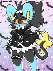  accessory anthro bandana black_hair blue_body bottomwear breasts clothed clothing collar female generation_4_pokemon grunt_(pokemon) hair jacket kerchief lewdchuu_(artist) luxray nintendo pokemon pokemon_(species) shirt shorts skull_grunt solo tail team_skull topwear yellow_eyes 