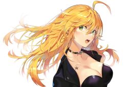  ahoge bad_id bad_twitter_id black_jacket blonde_hair breasts choker cleavage ear_piercing female floating_hair green_eyes highres hoshii_miki idolmaster idolmaster_(classic) jacket large_breasts long_hair looking_to_the_side open_clothes open_jacket open_mouth piercing simple_background solo star_tattoo studded_choker tattoo teeth tongue_piercing tuxedo_de_cat upper_teeth_only white_background 