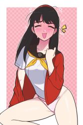  absurdres amagi_yukiko black_hair blush breasts closed_eyes embarrassed female hairband highres jacket jeff_miga long_hair panties persona persona_4 school_uniform smile solo underwear yasogami_school_uniform 