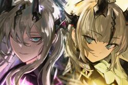  2girls arknights black_coat black_horns blonde_hair blue_eyes coat dragon_horns eblana_(arknights) fkskii65 flower green_eyes hair_over_one_eye horns light_in_heart long_hair looking_at_viewer multiple_girls portrait reed_(arknights) smile very_long_hair 