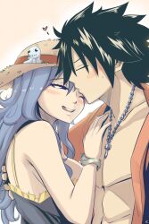  1boy :d alternate_costume bare_shoulders black_dress black_hair blue_hair blush bracelet cross cross_necklace dress fairy_tail female frilled_dress frills from_side ghost_hat_ornament gray_fullbuster hair_between_eyes half-closed_eye hat heart highres jewelry joshdinobarney juvia_lockser kissing necklace one_eye_closed profile smile spiked_hair sun_hat teeth upper_body upper_teeth_only 