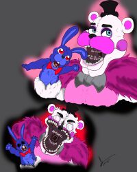  2016 5_fingers absurd_res animatronic anthro arm_tuft artooper024 bear black_clothing black_eyebrows black_hat black_headwear black_nose black_sclera blue_eyes bow_tie buckteeth cheek_spots clothing colored digital_drawing_(artwork) digital_media_(artwork) duo eyebrows fangs fingers five_nights_at_freddy&#039;s funtime_freddy_(fnafsl) fur grey_background grey_bow_tie hat headgear headwear hi_res lagomorph larger_male leporid long_ears looking_at_another machine male mammal multicolored_body multicolored_fur open_mouth pawpads pink_body pink_fur pink_tongue pupils puppet_bonnie_(fnafsl) purple_body purple_fur purple_inner_ear purple_pawpads rabbit red_bow_tie red_eyes robot scary scottgames shaded shoulder_tuft signature simple_background sister_location size_difference smaller_male teeth tongue top_hat tuft white_body white_eyes white_fur white_pupils 