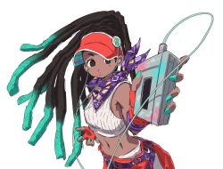  aqua_nails black_hair colored_tips crop_top dark-skinned_female dark_skin dreadlocks earphones female fingerless_gloves gloves highres kimberly_jackson multicolored_hair o3o official_alternate_costume official_alternate_hairstyle panties panty_peek red_gloves scarf simple_background solo street_fighter street_fighter_6 underwear upper_body visor_cap walkman yamada_yamao 