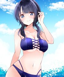  absurdres artist_name asaka_karin bikini blue_bikini blue_eyes blue_hair blue_sky blush breasts cleavage cloud collarbone commentary_request dark_blue_hair female highres large_breasts looking_at_viewer love_live! love_live!_nijigasaki_high_school_idol_club mole mole_on_collarbone navel ririn_(ririn_501) sky smile sparkle swimsuit twitter_username water 