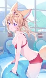  absurdres ahoge alternate_costume animal_ear_fluff animal_ears bikini blonde_hair blue_hair breasts cleavage commentary_request double-parted_bangs female floating_hair fox_ears fox_girl fox_tail from_side hair_between_eyes highres holding holding_swim_ring hololive kio_is_here knees_out_of_frame large_breasts leaning_forward long_hair looking_at_viewer multicolored_hair omaru_polka open_mouth pink_hair purple_eyes red_bikini solo star-shaped_pupils star_(symbol) streaked_hair swim_ring swimsuit symbol-shaped_pupils tail virtual_youtuber water_slide zain_(omaru_polka) 