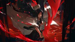  bankai black_hair black_kimono bleach bleach:_sennen_kessen-hen blood blood_splatter corrupted_twitter_file cowboy_shot female floating_clothes floating_hair half-closed_eyes haori highres holding holding_sword holding_weapon incoming_attack japanese_clothes katana kimono lips long_hair long_sleeves looking_at_viewer mature_female minazuki_(bankai) parted_bangs pool_of_blood sidelocks solo straight_hair sword taichou_haori unohana_retsu very_long_hair weapon wide_sleeves zzz_zhi_he 