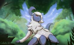  absol coffeefly forest generation_3_pokemon hi_res looking_down nintendo outside plant pokemon pokemon_(species) red_eyes solo standing tree 