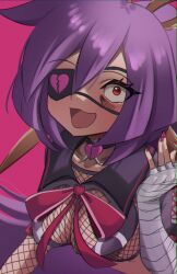  absurdres bandaged_arm bandages bikini black_bikini black_choker black_sailor_collar blush breasts broken_heart choker collarbone eyelashes eyepatch faber_(artist) female fishnet_top fishnets hair_between_eyes heart heart-shaped_pupils highres mercy_modiste open_mouth pink_background pink_nails purple_hair red_eyes sailor_collar scissors_hair_ornament solo swimsuit symbol-shaped_pupils upper_body vallure virtual_youtuber 