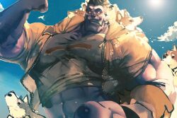  1boy abs bara clenched_hand colored_skin commission dr._mundo gorimoire grin highres huge_pectorals league_of_legends looking_at_viewer male_focus midriff muscular muscular_male purple_skin scar skeb_commission smile solo strongman_waist thick_eyebrows tongue tongue_out upper_body 