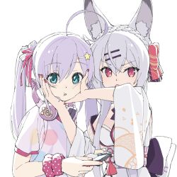  2girls ahoge animal_ears boko_(maniacpurple) bow braid breasts cheek_squash crown_braid flower_knot forced fox_ears fox_girl green_eyes grey_hair hair_ornament hair_ribbon hairbow hairclip handheld_game_console hands_on_another&#039;s_cheeks hands_on_another&#039;s_face headphones headphones_around_neck highres holding holding_handheld_game_console japanese_clothes jinguuji_tamamo katya_uranova kimono long_hair looking_at_viewer medium_breasts multiple_girls nintendo_switch obi obijime open_mouth pink_ribbon polka_dot polka_dot_shirt print_kimono purple_hair purple_shirt red_bow red_eyes red_nails revdol ribbon sash scrunchie seigaiha shirt simple_background star_(symbol) star_hair_ornament turning_head twintails upper_body v-shaped_eyebrows virtual_youtuber white_background white_kimono wide_sleeves wrist_scrunchie yellow_nails 