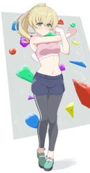  absurdres ada_badguy blonde_hair blue_shorts blush breasts carpaccio_(girls_und_panzer) closed_mouth female full_body girls_und_panzer green_eyes grey_pants gym_pants gym_shorts highres long_hair looking_at_viewer medium_breasts navel pants pink_sports_bra ponytail shorts smile solo sports_bra 